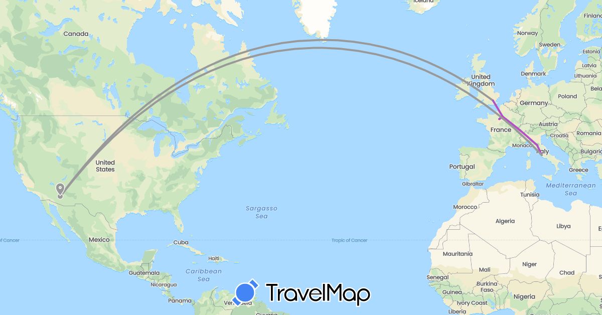 TravelMap itinerary: driving, plane, train in France, United Kingdom, Italy, United States (Europe, North America)